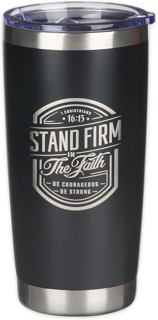 Christian Art Gifts Large Stainless Steel Inspirational Travel Mug Tumbler for Men & Women: Stand Firm Encouraging Bible Verse, Double Wall Vacuum Insulated w/Lid, Hot/Cold Beverage, Black, 18 oz.