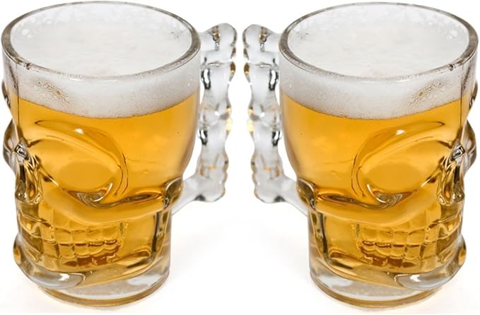 Circleware Skull Face Beer Mug Drinking Glasses with Handle, Set of 2, Heavy Base Funny Entertainment Glassware for Water, Juice and Halloween Decorations Beverage Gifts, 17.6 oz.