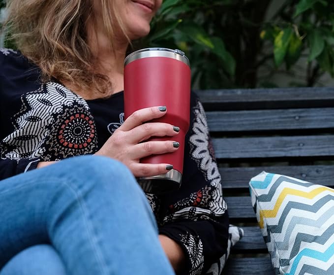 Stainless Steel Travel Mug with Handle 30 oz - 6 Piece Set. Tumbler with Handle, Straw, Cleaning Brush & 2 Lids. Double Wall Insulated Large Coffee Mug Bundle - Cherry Red Powder Coat Tumbler
