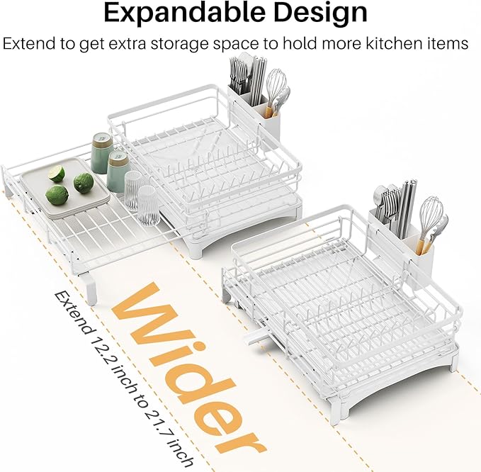 SNTD Dish Drying Rack - Extendable Dish Rack, Large Sink Drying Dish Drainer for Kitchen Counter, Stainless Steel Dish Strainer with Utensil Holder (White)