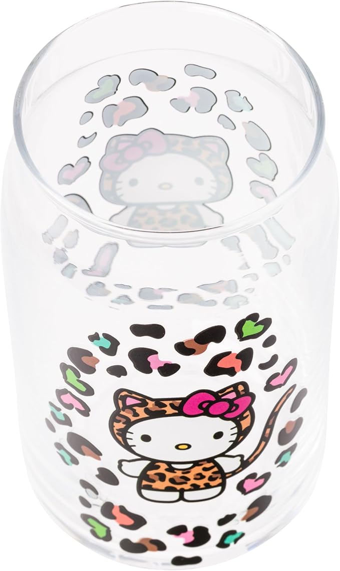 Silver Buffalo Sanrio Hello Kitty Leopard Print Glass Tumbler with Bamboo Lid and Glass Straw, 16 Ounces