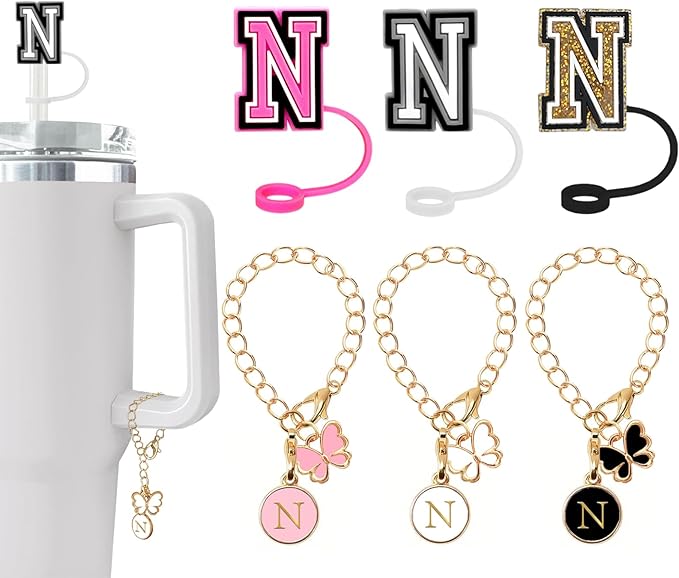 （3 +3) Nuozme Straw Cover Compatible with Stanley Tumbler Cup 3PCS Letter Straw Caps Toppers with 3 Initial Butterfly Charms Name ID For Stanley 30&40 Oz Cup