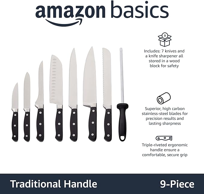Amazon Basics 9 Pieces Premium High-Carbon Stainless-Steel Blades with Pine Wood Knife Block Set, Kitchen, Black
