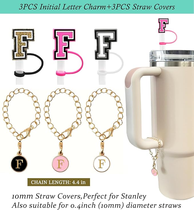 （3 +3) 3PCS Nuozme Straw Cover 10mm For Stanley Tumbler Cup Reusable Straw Cap Topper with 3 Initial Letter Charms Accessories Name ID Personalized Handle Charm For Stanley 30&40 Oz Cup Tumbler