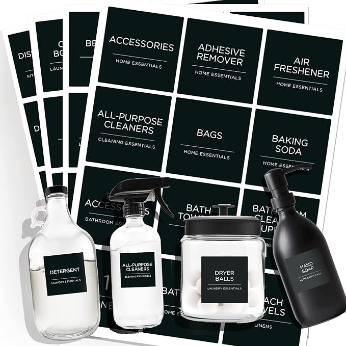144 PCS Minimalist Laundry Room Labels Set, Water Resistant Stickers,Water/Oil Resistant Stickers for Laundry Room, Linen Closet Home Bathroom and The Beauty Organization（Black