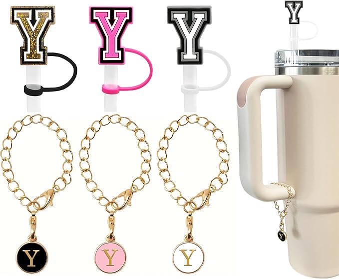 （3 +3) 3PCS Nuozme Straw Cover 10mm For Stanley Tumbler Cup Reusable Straw Cap Topper with 3 Initial Letter Charms Accessories Name ID Personalized Handle Charm For Stanley 30&40 Oz Cup Tumbler