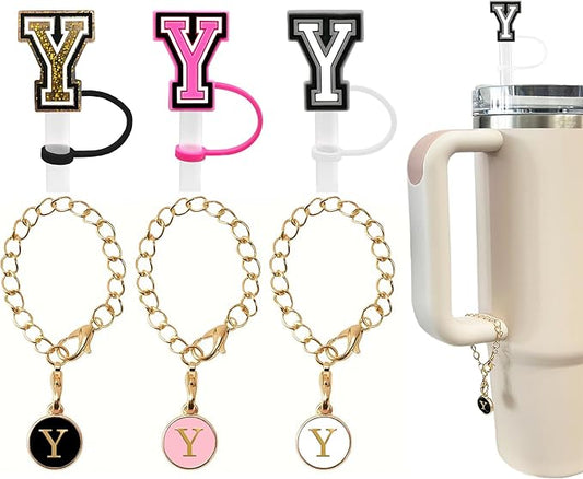 （3 +3) 3PCS Nuozme Straw Cover 10mm For Stanley Tumbler Cup Reusable Straw Cap Topper with 3 Initial Letter Charms Accessories Name ID Personalized Handle Charm For Stanley 30&40 Oz Cup Tumbler
