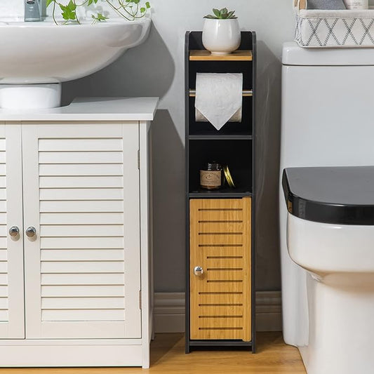 AOJEZOR Toilet Paper Holder Stand: Small Bathroom Storage Cabinet - Black - Bamboo