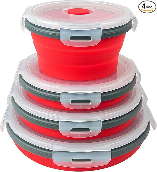 Guyuyii Collapsible Bowls with Lids – 4 Sizes Silicone Food Storage Containers for Camping, RV, and Home Use, with Airtight Leak-Proof Seal, Space-Saving Stackable, Microwave Freezer Dishwasher Safe