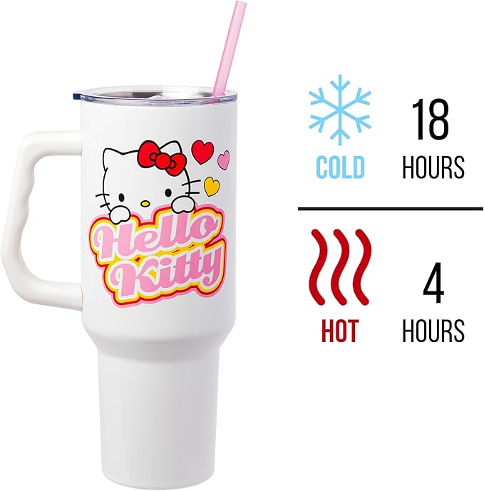 Silver Buffalo Sanrio Hello Kitty Name and Hearts Stainless Steel Tumbler with Handle and Straw, Fits in Standard Cup Holder, 40 Ounces