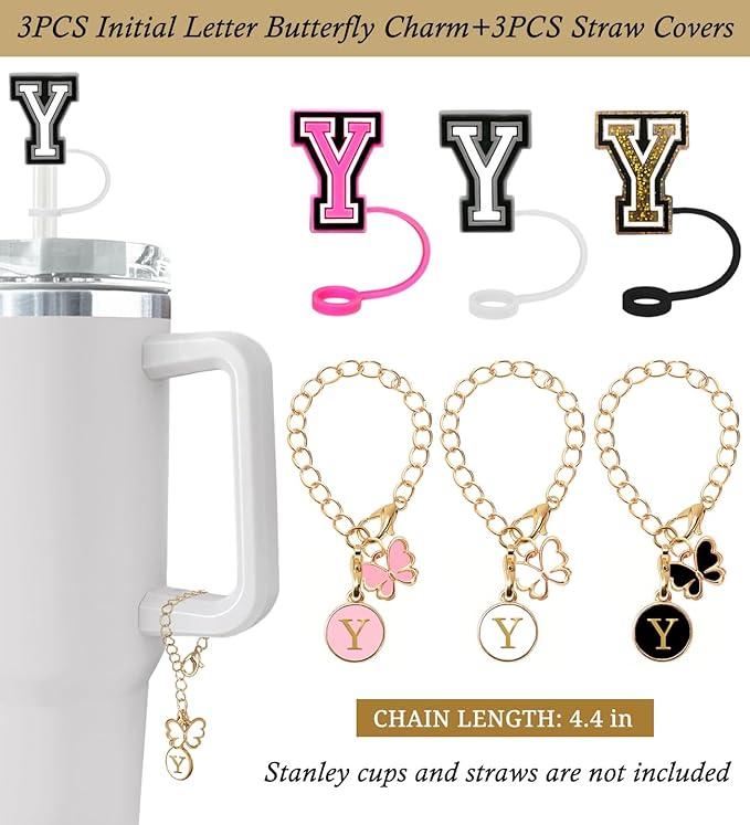 （3 +3) Nuozme Straw Cover Compatible with Stanley Tumbler Cup 3PCS Letter Straw Caps Toppers with 3 Initial Butterfly Charms Name ID For Stanley 30&40 Oz Cup