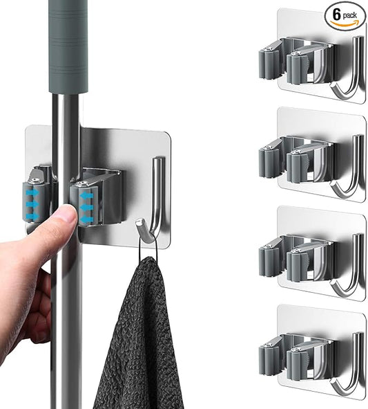 Mop Broom Holder No Drill, Mop Broom Organizer Wall Mounted Heavy Duty with Hooks Hanger, Self Adhesive Stainless Steel 6Pcs for Bathroom, Kitchen, Office (Silver)