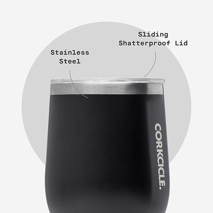 Corkcicle Stemless Wine Tumbler - Keeps Drinks Cold for 6 Hours - Triple-Insulated Stainless Steel - Non-Slip Base - Summer Drinkware Gift - Keeps Drinks Ice Cold - 12 oz - Matte Black