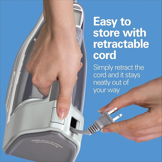 Hamilton Beach Steam Iron & Vertical Steamer for Clothes with Scratch-Resistant Durathon Soleplate, Digital Temperature Control, 8’ Retractable Cord, 3-Way Auto Shutoff, Anti-Drip, 1700 Watts, Silver