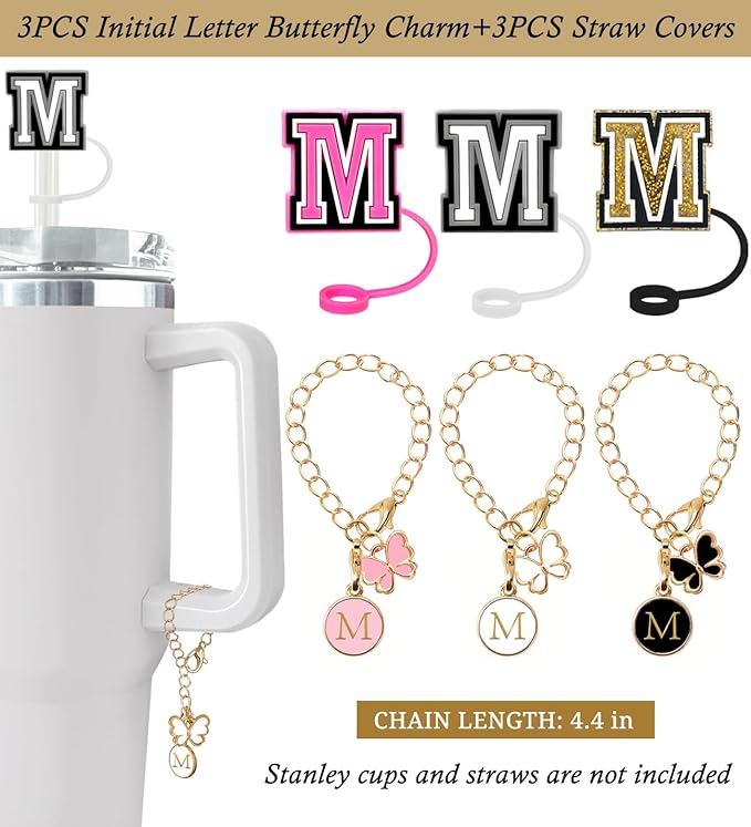 （3 +3) Nuozme Straw Cover Compatible with Stanley Tumbler Cup 3PCS Letter Straw Caps Toppers with 3 Initial Butterfly Charms Name ID For Stanley 30&40 Oz Cup