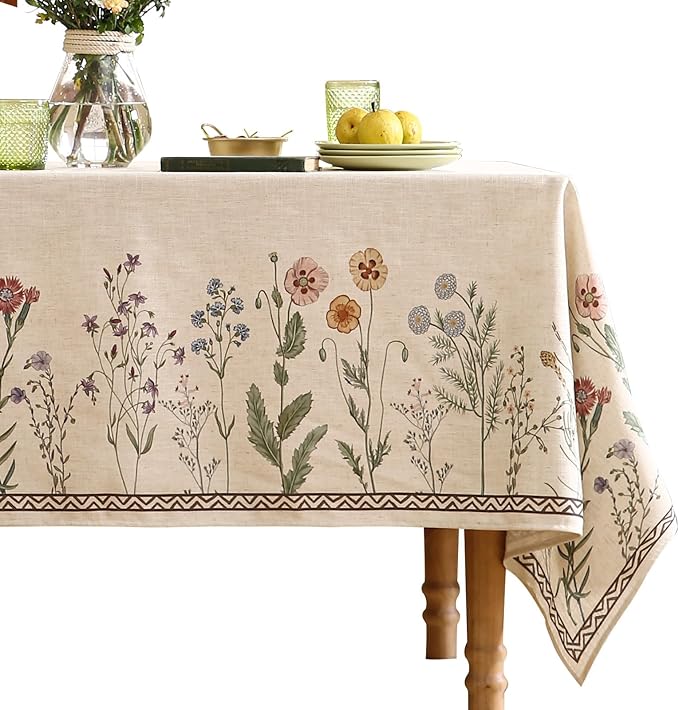 ISAENNE Designer Off White Linen Extra Long Rectangle Tablecloth,Floral Elegant Table Cloth,Stain Resistant Vintage Decor Tablecloths for Dining Thanksgiving Kitchen Party,67"*118"-Serenity G