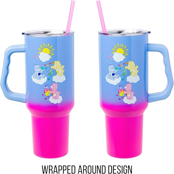Silver Buffalo Care Bears Ombre Stainless Steel Travel Tumbler With Handle, Lid, and Reusable Straw | Holds 40 Ounces