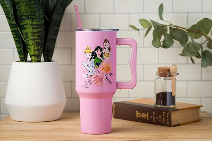 Silver Buffalo Disney Princess Featuring Cinderella, Mulan, Belle, Ariel, Tiana, and Jasmine Stainless Steel Tumbler with Handle and Straw, Fits in Standard Cup Holder, 40 Ounces