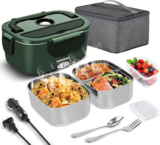 Electric Lunch Box for Adults – 1.5L 80W Heated Lunch Box with 12/24/110V, Portable Food Warmer with Stainless Steel Pot | Loncheras para Hombres de Trabajo,Green,2*Container