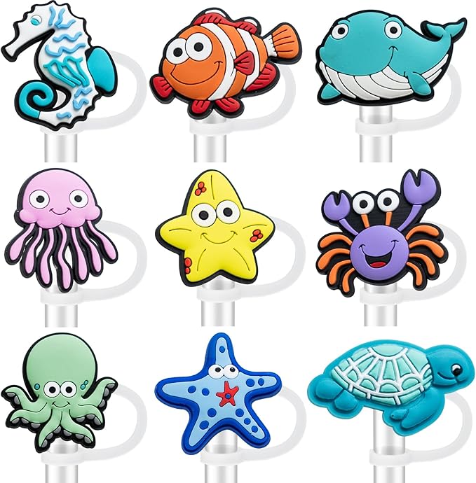 9PCS Straw Covers for Stanley Cup Tumbler 30 oz / 40 oz Leak Proof Straw Toppers 10mm Silicone Sea Animal Caps for Stanley Cup Accessories-Marine Wildlife