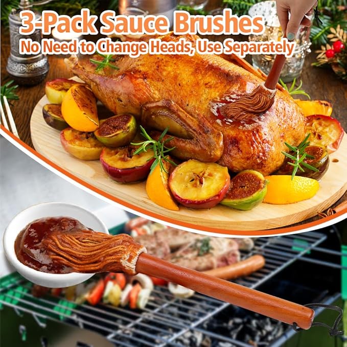 12" BBQ Sauce Basting Mops & Brushes for Roasting or Grilling, Apply Barbeque, Marinade or Glazing, Cotton Fiber Head and Hardwood Handle, Dish Mop Style, Perfect for Cooking or Cleaning - Pack of 3