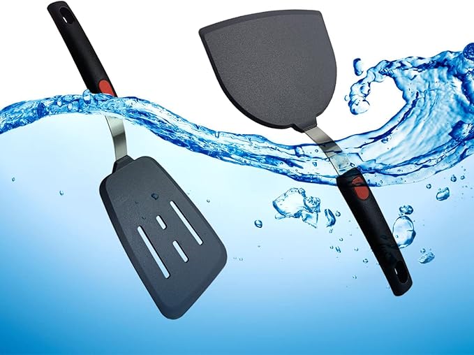 Silicone Spatula Set of 2 for Nonstick Cookware,Tenta Tenta Kitchen Slotted Angle Round Pancake Spatulas 600°F Heat Resistant Classic Rubber Spatula Set For Cooking-Grey/Black