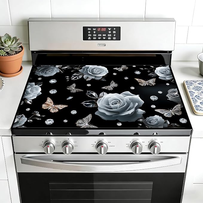 Black Rose Butterfly Stove Top Cover 28.3 x 20.5 Inches, Heat Resistant Glass by KKYEJLQYI