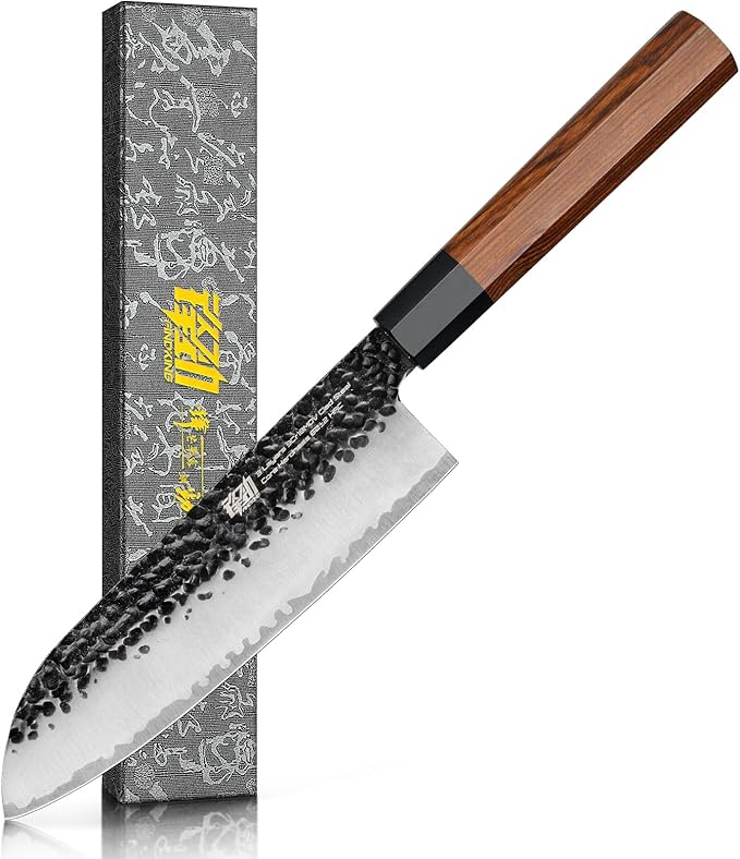 FINDKING Dynasty Series Japanese Santoku Knife, Professional Kitchen Knife, 9Cr18MoV High Carbon Steel Blade, African Rosewood Octagonal Handle, for Meat, Fruits, Vegetables, 7 Inches