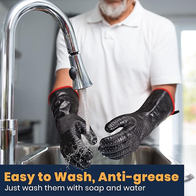 GEEKHOM 18-Inch Heat Resistant BBQ Gloves 932°F Waterproof Long Sleeve Cooking Gloves, Non-Slip Silicone Grip Grill Gloves for Grilling, Smoker, Oven, and Kitchen Use