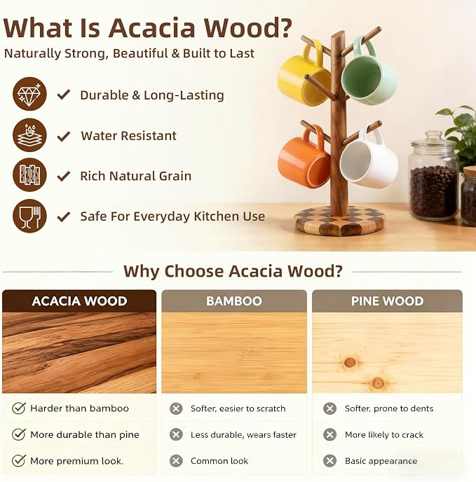 Natural Wood Mug Holder for Counter Top, Acacia Wood Coffee Mug Tree | Non-Slip - Image 7