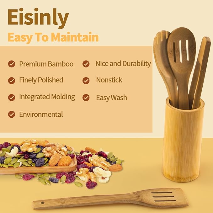 Wooden Spoons for Cooking 7-Piece, Kitchen Nonstick Bamboo Cooking Utensils Set, Carbonized Bamboo Durability Spatula Spoon for Everyday Use