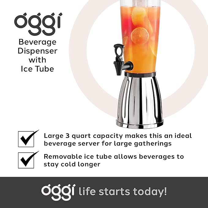 OGGI Beverage Dispenser - 3-quart / 6-Pints, Perfect for Parties, Use as Alcohol, Water, Lemonade Dispenser & More
