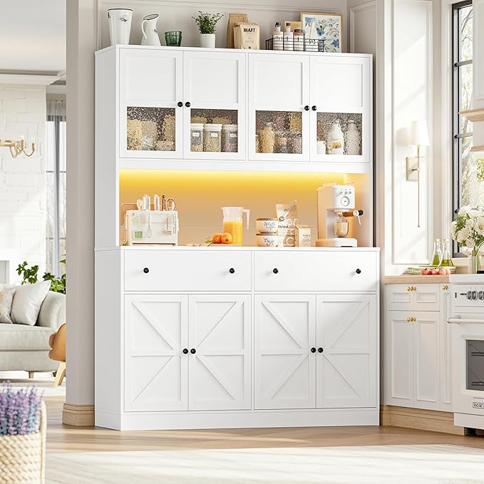 FINETONES 71" Pantry Cabinet with LED Light and Charging Station, Farmhouse Kitchen Pantry Cabinet with Microwave Stand, 47.2" Wide Kitchen Hutch Food Pantry with Open Countertop, White