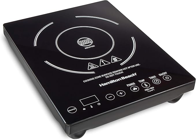 Hamilton Beach Portable Single Induction Cooktop Countertop Burner Hot Plate with Fast Heating Mode, 1800 Watts, 10 Temperature Settings up to 450F, Black (34104)