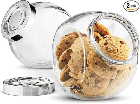Bormioli Rocco Pandora Glass Candy Jar 75½-Ounce Cookie Jar (2 Pack) with Plastic Airtight Seal Lid 2-Way Display, Bulk-Food Storage Jar for Snacks, Dry Food, Jelly Beans Canister, Apothecary Jars.
