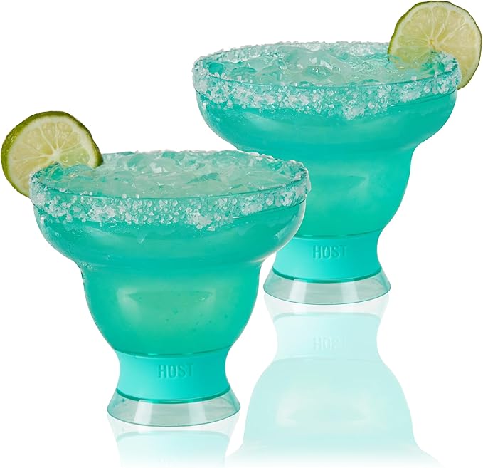 Host FREEZE Stemless Margarita Glasses, Insulated Plastic Cocktail Glasses for Frozen Drinks, Double Wall Chiller Cups for Daiquiri, Tiki Drinks, Home Bar, Party Gifts, 12 oz, Set of 2, Aqua Blue