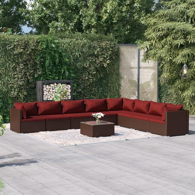 9 Piece Garden Lounge Set, Modular Brown Poly Rattan Outdoor Patio Furniture - Image 2