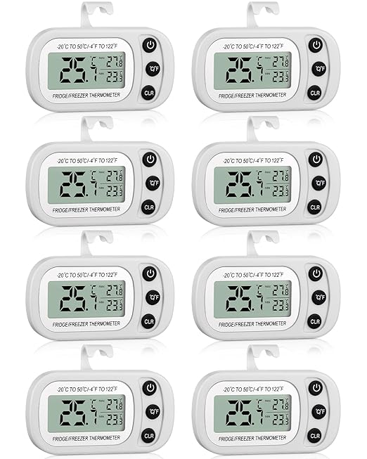 Frienda 8 Pack White Digital Fridge Thermometer Waterproof Refrigerator and Freezer Room Max/min Record Function LCD Screen Refrigerator Thermometer with Hook and Magnetic Back for Home
