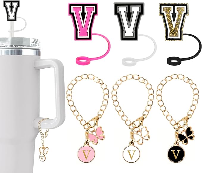 （3 +3) Nuozme Straw Cover Compatible with Stanley Tumbler Cup 3PCS Letter Straw Caps Toppers with 3 Initial Butterfly Charms Name ID For Stanley 30&40 Oz Cup