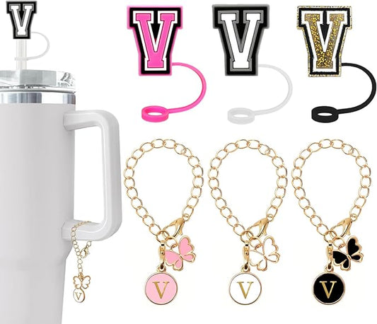 （3 +3) Nuozme Straw Cover Compatible with Stanley Tumbler Cup 3PCS Letter Straw Caps Toppers with 3 Initial Butterfly Charms Name ID For Stanley 30&40 Oz Cup
