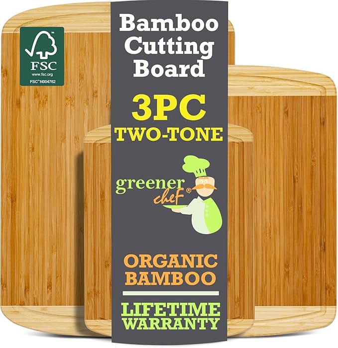 Organic Wooden Cutting Boards for Kitchen Set of 3 with Lifetime Replacements – Premium Extra Large Bamboo Chopping Boards with Juice Grooves for Carving & Serving, Non-Toxic & Durable by Greener Chef