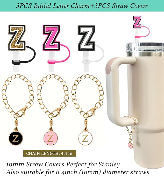 （3 +3) 3PCS Nuozme Straw Cover 10mm For Stanley Tumbler Cup Reusable Straw Cap Topper with 3 Initial Letter Charms Accessories Name ID Personalized Handle Charm For Stanley 30&40 Oz Cup Tumbler