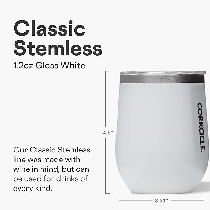 Corkcicle Stemless Wine Tumbler - Keeps Drinks Cold for 6 Hours - Triple-Insulated Stainless Steel - Non-Slip Base - Summer Drinkware Gift - Keeps Drinks Ice Cold - 12 oz - Gloss White