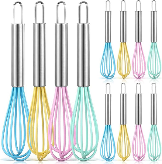 Baderke 12 Pcs 6 Inch Mini Whisks Bulk with Stainless Steel Handles Small Silicone Kitchen Whisks Non Stick Tiny Balloon Wire Whisk for Mixing Stirring Baking Cooking Party Favor Gift(Macaron)