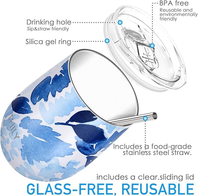 THILY Vacuum Insulated Stemless Wine Tumbler 12 oz Stainless Steel Wine Glass with Lid and Straw, Keep Drinks Cold or Hot, Christmas Birthday Gift, 2 Pack(Pink Lilies + Blue Maple)