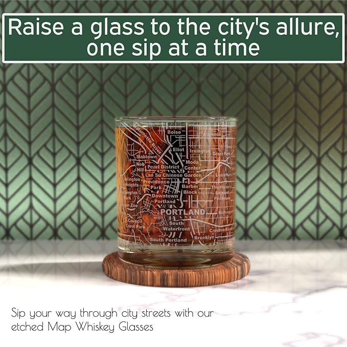 Greenline Goods Whiskey Glasses - 10 Oz Tumbler Gift Set for Portland lovers, Etched with Portland Map Old Fashioned Rocks Glass - Set of 2