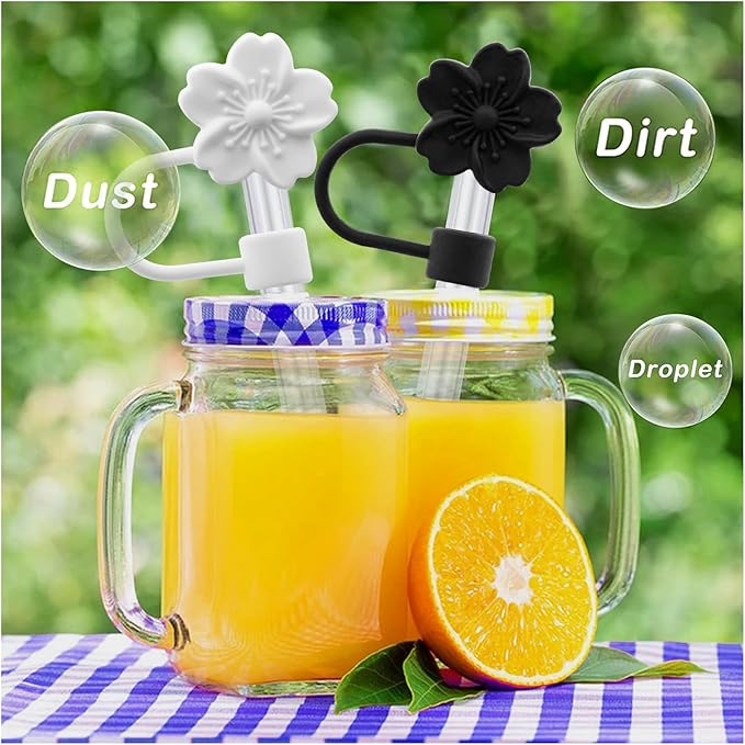 Flower Silicone Straw Cover Cap for Stanley Cup, 10 mm 0.4 in Reusable Topper Tips Lids, Gift for Party Decor (2pcs Black 2pcs White Cherry Blossom)
