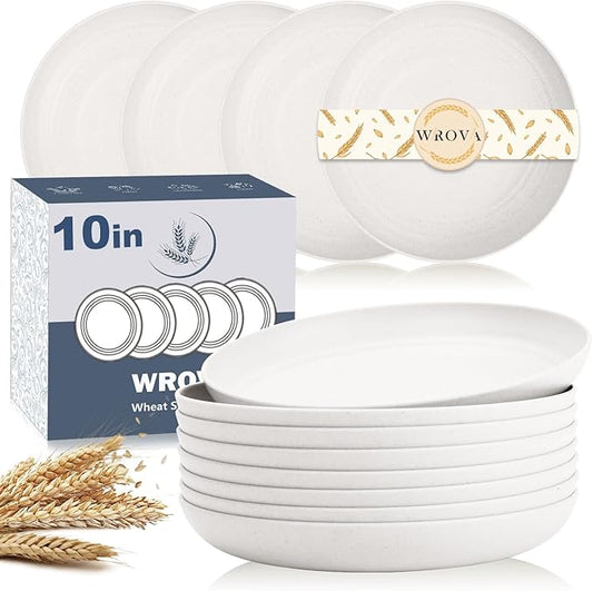 Wrova Wheat Straw Plates - 10 Inch Unbreakable Dinner Plates Set of 8 - Dishwasher & Microwave Safe Plastic Plates Reusable for kitchen and camping (White)