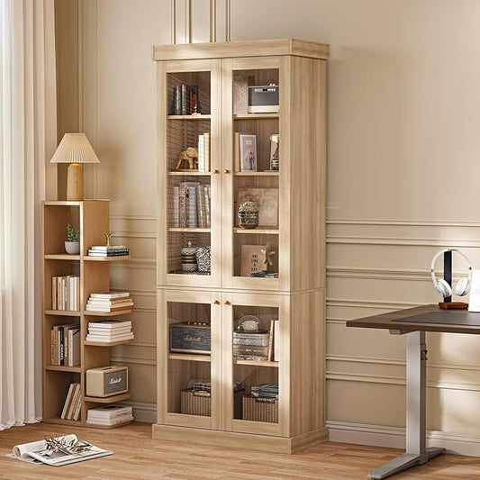 70.8" Bookshelf with Glass Doors, Farmhouse Modular Bookcase with 6-Tier Adjustable Shelves, Large Storage Cabinet for Living Room & Home Office, Brown