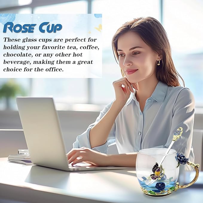 Enamels Butterfly Flower Tea Cup,Glass Coffee Mug,Valentines Mothers Day Graduation Birthday Present Christmas Gifts for Women Mom Her Teacher